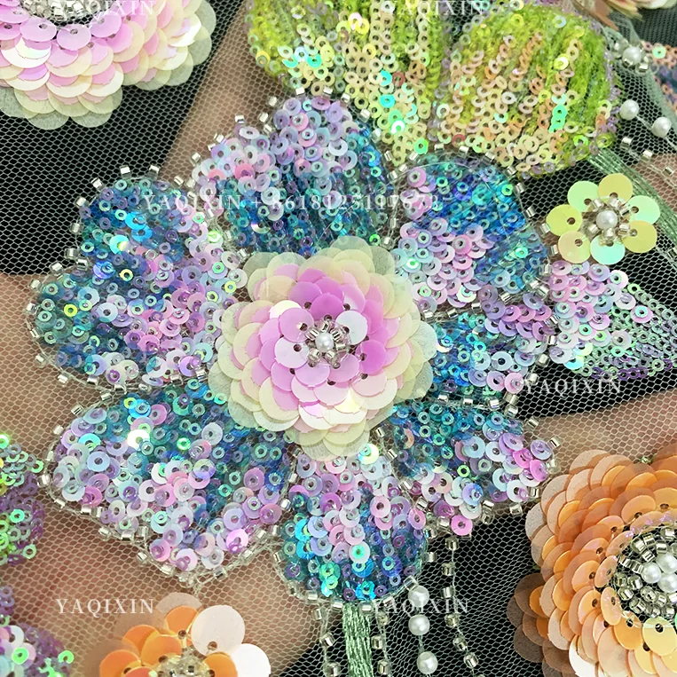YX1310 Expensive High Quality Glitter 3D Flowers Sequin Embroidered Lace Fabric Custom Summer Costumes Sequin Lace Fabric