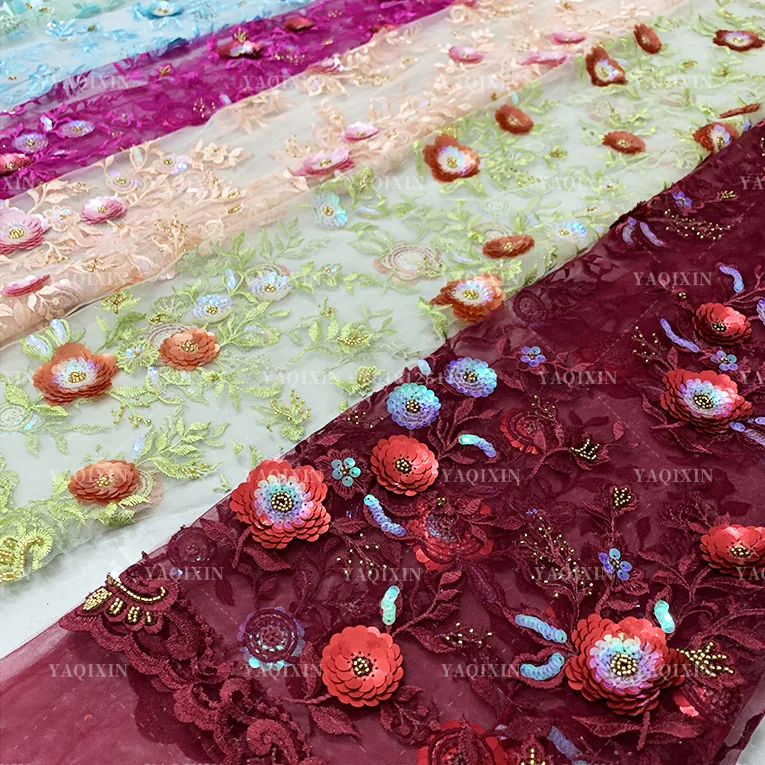 YX1223 Burgundy French Embroidered Lace Textile Fabric 3D Floral Embroidered Tulle Lace Fabric With Competitive Prices