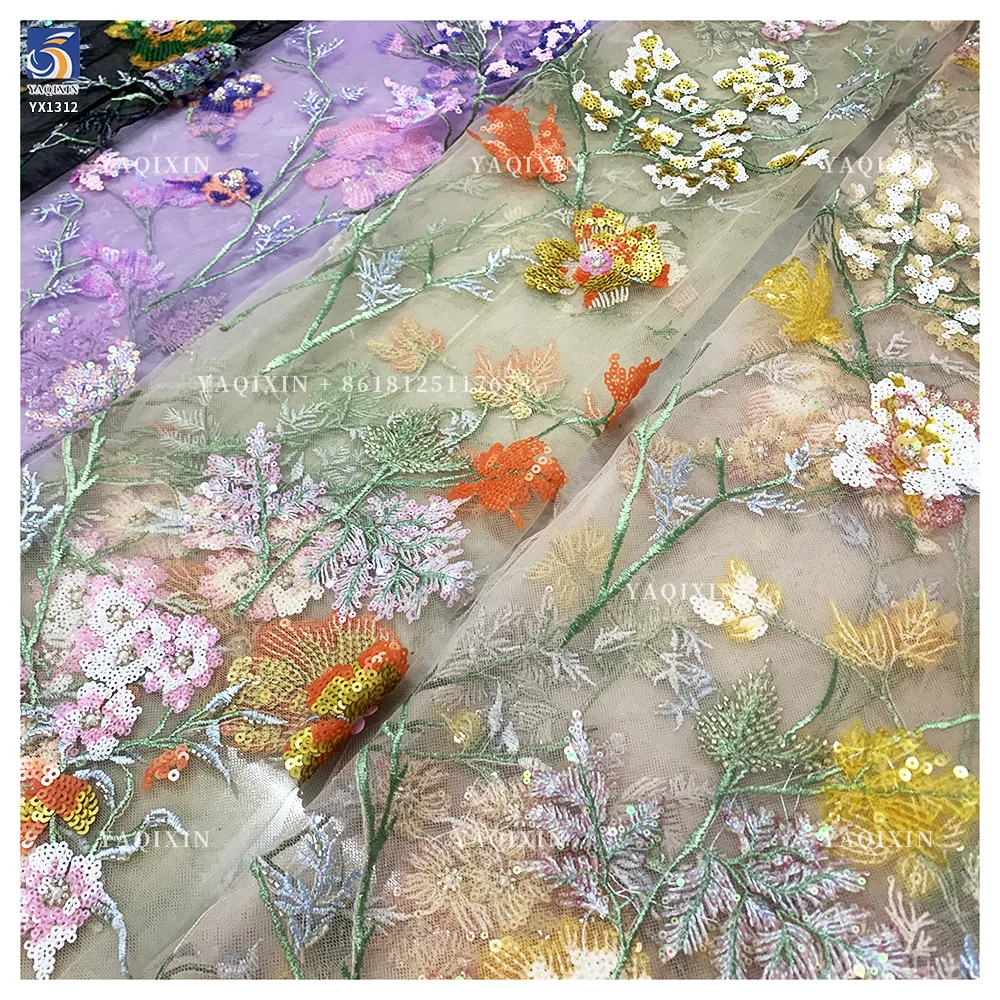 YX1312 Best-Selling Colorful Florals Pattern Beaded Sequin Fabric Lace Diy Custom Heavy Embroidery Flowers Dresses Fabric