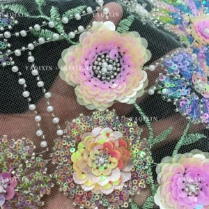 YX1315 Chinese Suppliers Summer-Style Sunflower Design Colorful Sequin Embroidered Mesh Lace Fabric for Women's Clothing