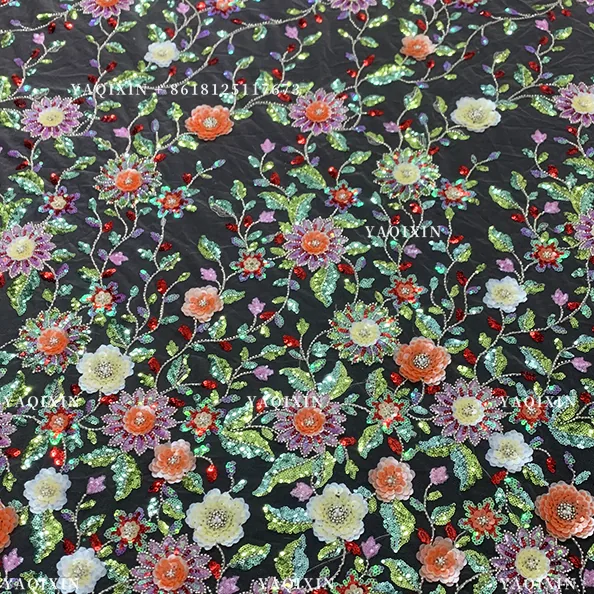 YX1318 Green Colorful Flowers Sequins Heavy Embroidery Mesh Lace Fabric Textiles Lace Fabric Hawaiian Summer Style Lace Dress