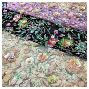 YX1319 New Life Fashion Spring 3D Sequin Embroidery Heavy Lace Mesh Tulle Fabric Noble and Luxurious French Style Lace Fabric
