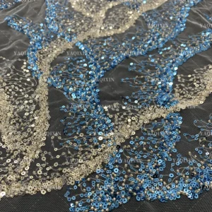 YX1221 New Arrival Flash Crystal Sequin Mesh Fabric Wavy Beaded Embroidery Lace Glitter Fabric for Mermaid Dress Gowns