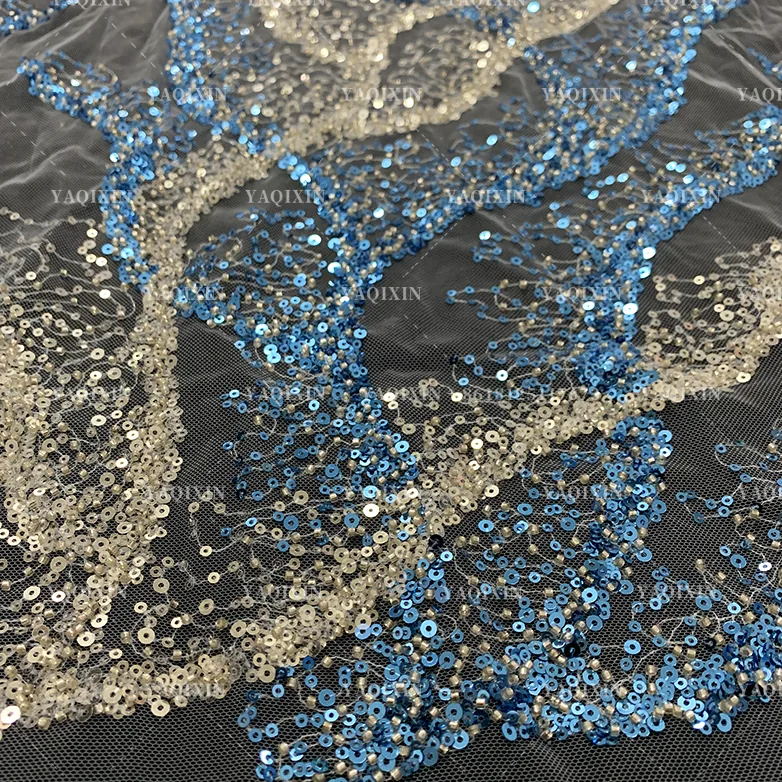 YX1221 New Arrival Flash Crystal Sequin Mesh Fabric Wavy Beaded Embroidery Lace Glitter Fabric for Mermaid Dress Gowns