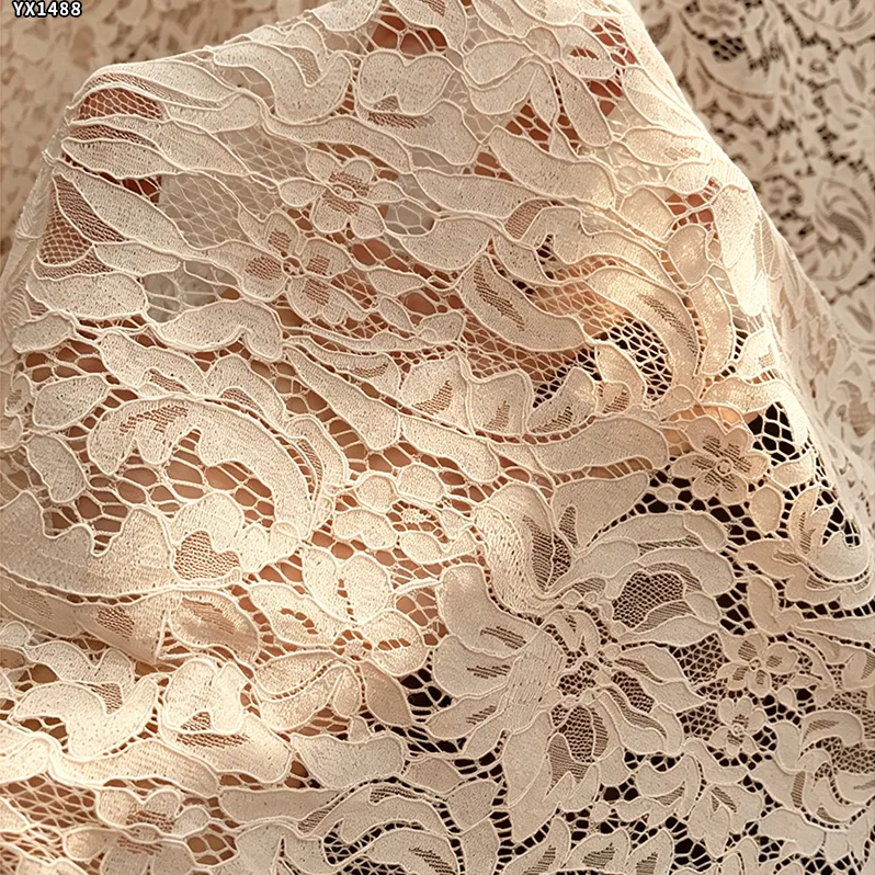 YX1488 Beige 70% Cotton 30% Nylon Lace With Raised Floral Texture for Gowns Bodices Sleeves and Fashion Tops