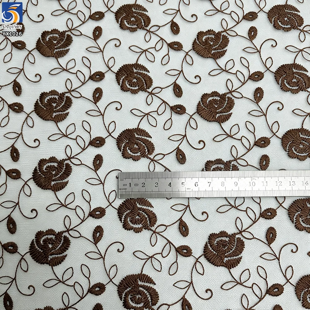 YX1026 Romantic Embroidered Rose Floral Mesh Fabric for Chinese Valentine's Day Beauty Dresses Embroidered Tulle Fabrics