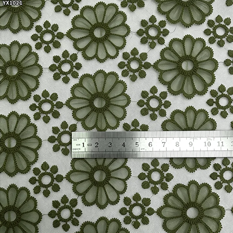 YX1021 New Technology Chrysanthemum Embroidery Tulle Fabric Knitted Poly Mesh Embroidered Fabric Textiles for Apparel