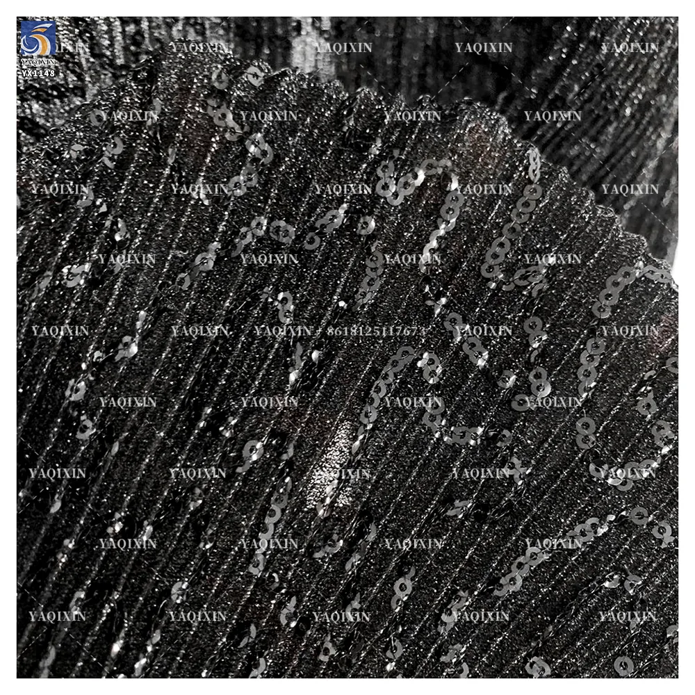 YX1148 130gsm Thick Silver Thread Bright Silk Composite Polyester Knitted Pleated Sequin Fabric 3mm Sequin Fabric for Dress