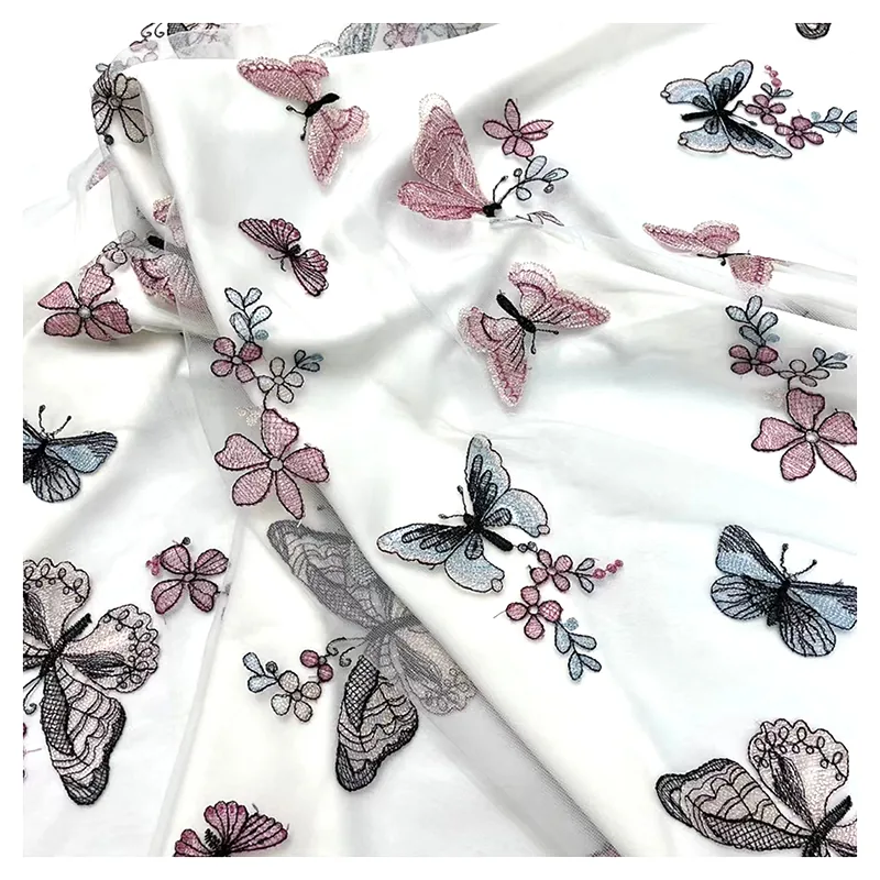 CXT20 Romantic French Woman Dress Mesh Tulle Fabric Embroidery Colorful Butterfly Fabric