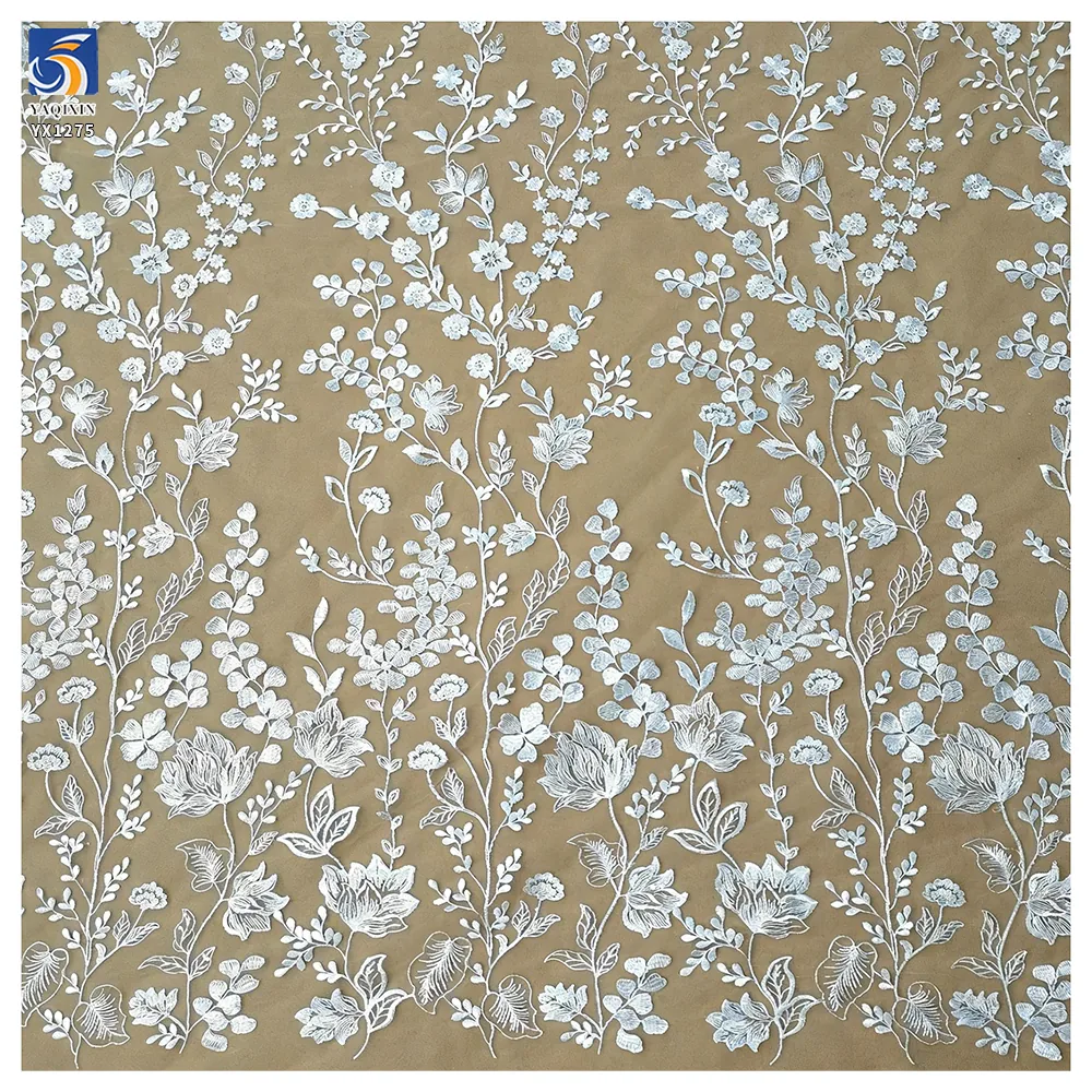 YX1275 130gsm Luxury Florals Embroidered White Wedding Tulle Lace Fabric Water-Soluble Embroidery French Dress Fabric