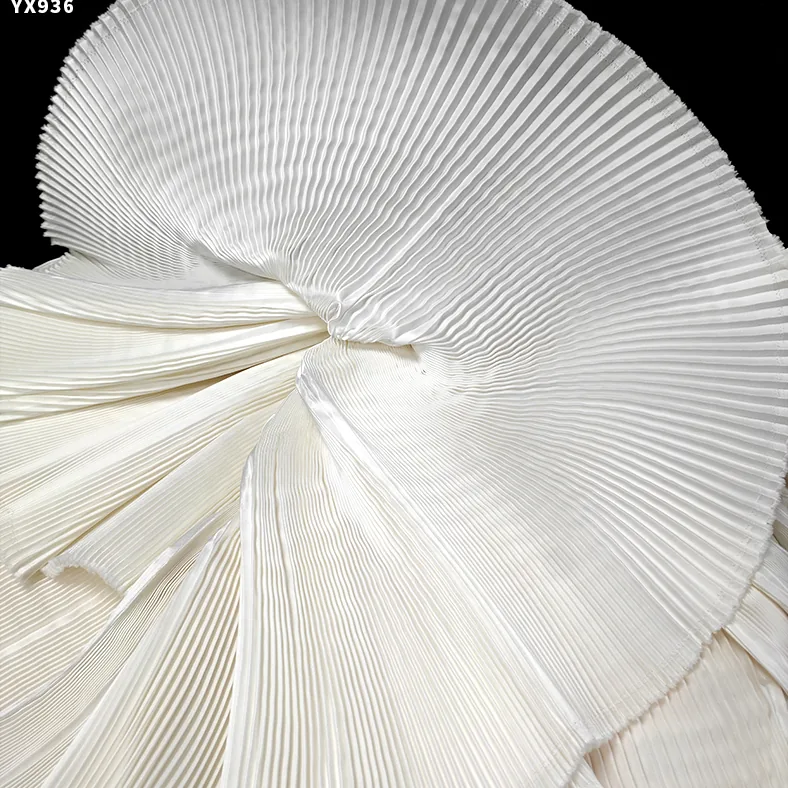 YX936-1 Customized White Polyester 1cm Pleated Accordion Satin Fabric for High-End Party Dresses Liquid Satin Pleated Fabric