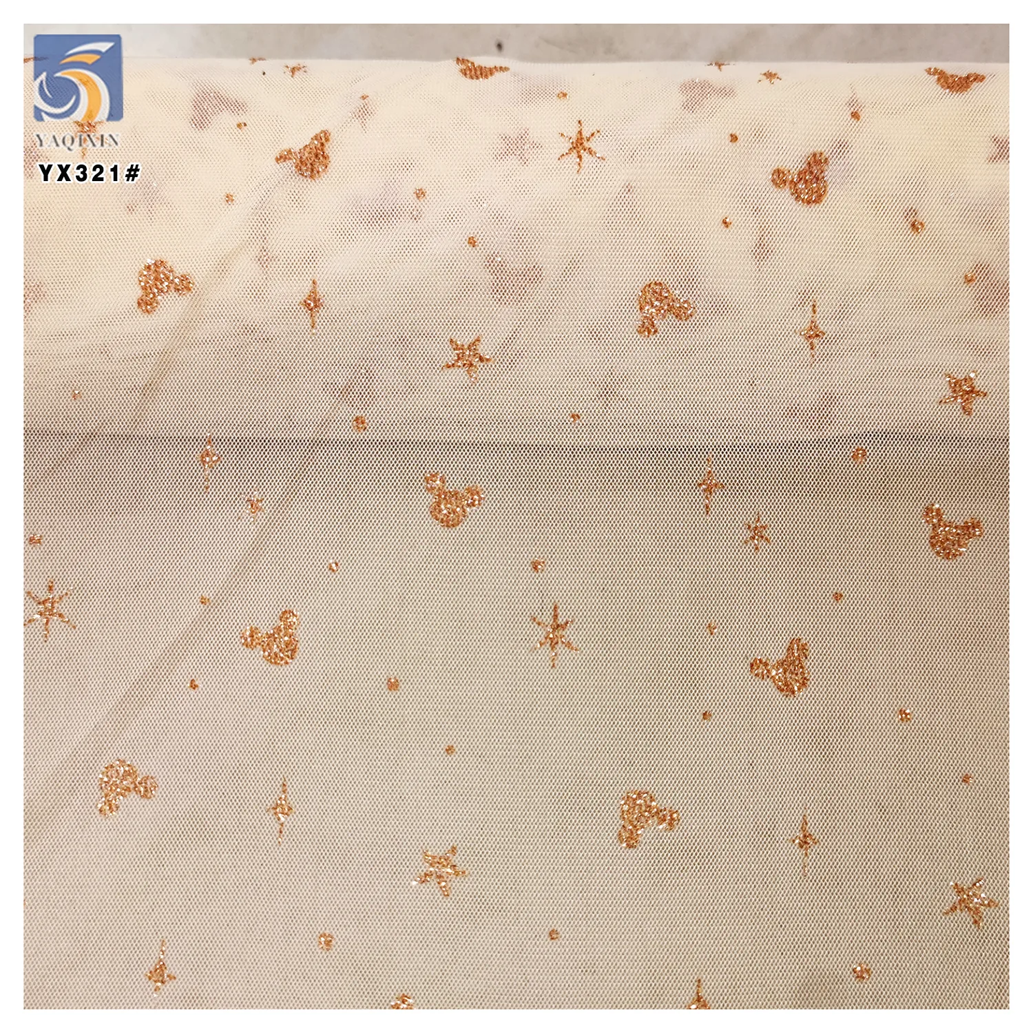 YX321 Latest Design 100% Polyester Glossy Tulle with Glitter Dust and Mickey Star Pattern Mesh Tulle Fabric