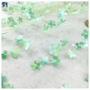 YX1406 Summer Best-Selling Solid 3D Embroidery Florals Gradient Tulle Fabric With Holographic Sequins 3D Florals Mesh Fabric
