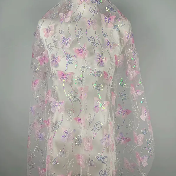 YX809 New Two-color Sequins Embroidery Butterfly Flower 3D Tulle Skirt Children's Fabric 2025 Girls Skirt Tulle Sequins