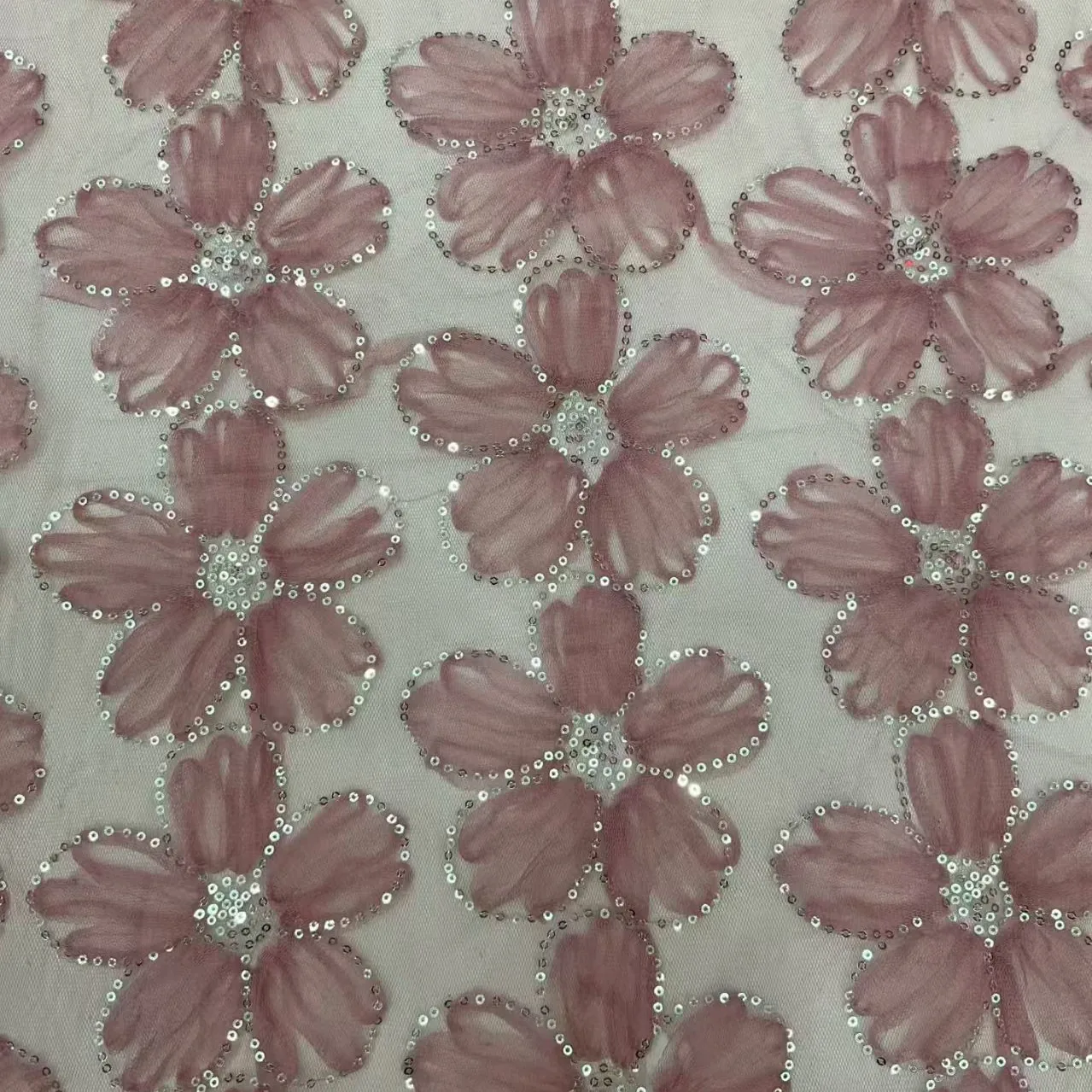 2026 Hot Bridal Wedding Custom White 3D Big Flower Embroidered Tulle Sequins Embroidery  Lace Fabric