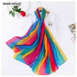 YX2144 New Arrival Gradient Rainbow Print Like Silk Scarf 100cm*180cm Oversized Travel Beach Chiffon Hijab Scarf Summer