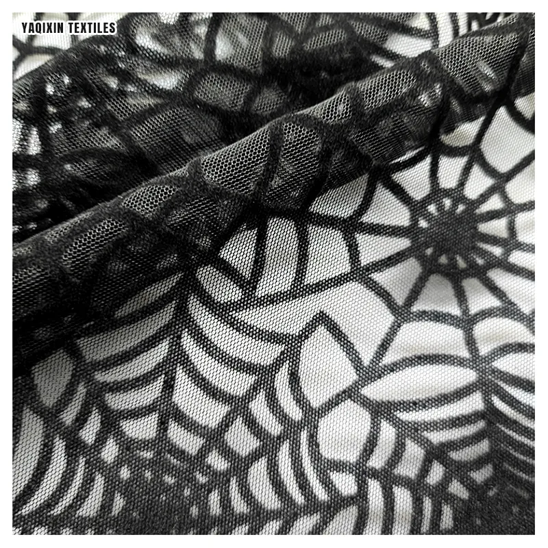 Wholesale 3D Velvet Spider Web Tulle Fabric - Black Embossed Flocked Halloween Costume Material (Custom Width)