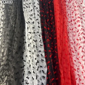 ZRT005 Romantic Flocking Black Rosette Bow Tulle Fabric Multi-Color Transparent Tulle Woman Dress Fabric