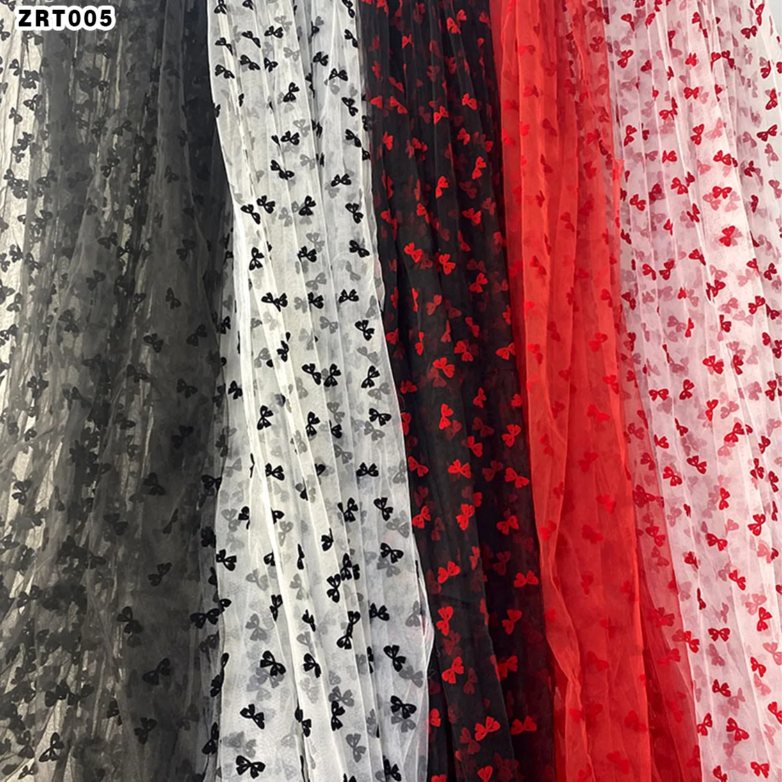 ZRT005 Romantic Flocking Black Rosette Bow Tulle Fabric Multi-Color Transparent Tulle Woman Dress Fabric