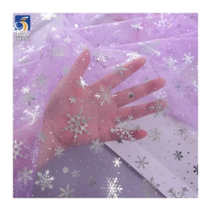 YX887 Blue Polyester Tulle Mesh Fabric With Silver Snowflake Print for Children Princess Dress