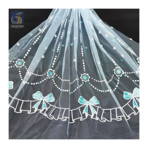 YX2672 Azure Glitter Offset Printed Tulle Mesh Fabric Kids Princess Dress Material