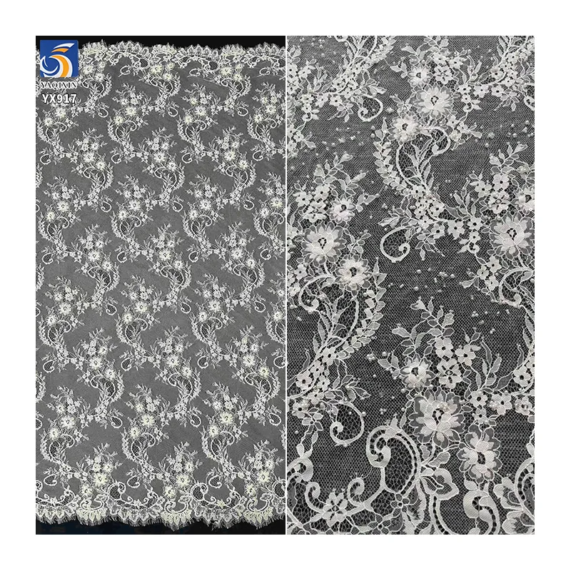 YX917 Heavy Embroidery 3D Rose Flowers Water-Soluble Lace Fabric Wedding White Eyelash Lace Fabric With 3D Pearl Sequins