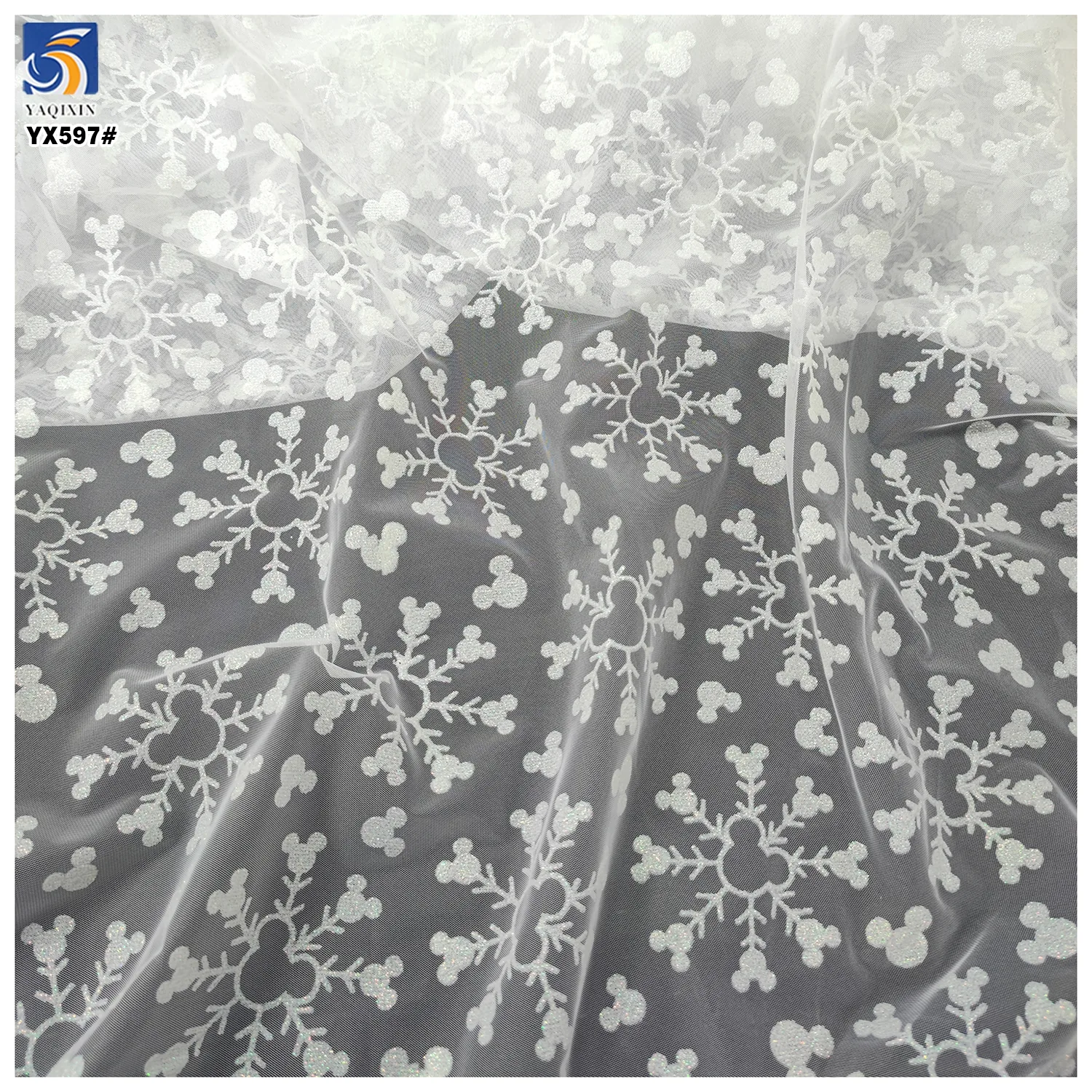 YX597-1 Factory Low MOQ Custom Glitter Tulle Mesh Fabric, White Snowflake Printed Net Fabric For Kids Party Dress