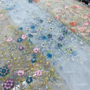 YX1222 Exquisite Colorful Sequins Embroidery Dresses Lace Mesh Flowers Fabric for Girls Skirts Shiny Flowers Dress Fabri