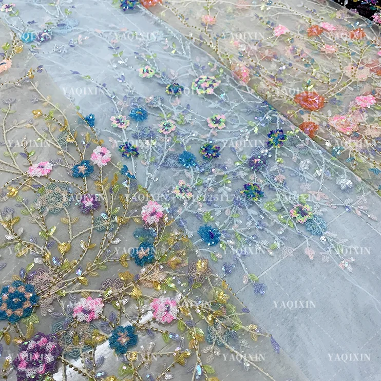 YX1222 Exquisite Colorful Sequins Embroidery Dresses Lace Mesh Flowers Fabric for Girls Skirts Shiny Flowers Dress Fabri