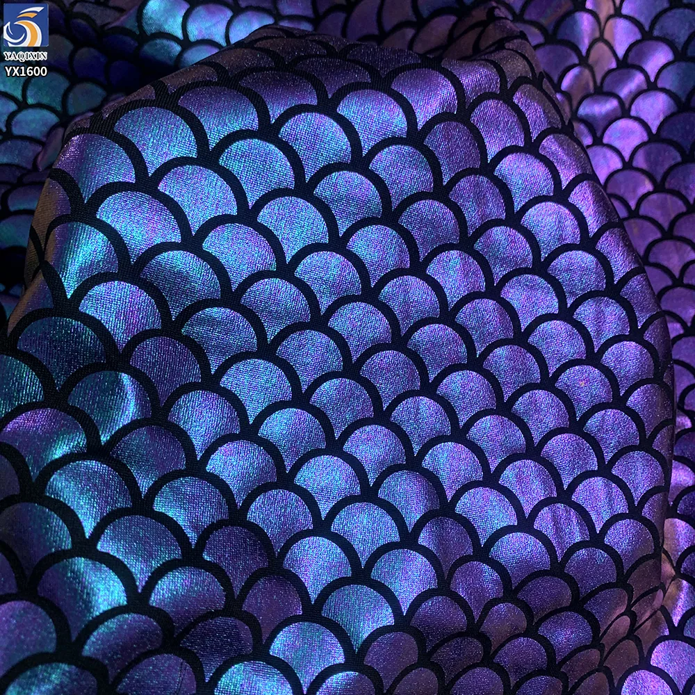 YX1600 Purple Mermaid Scale Fabric Shiny Holographic 97 Polyester 3 Spandex for Swimwear and Kids Costume Apparel