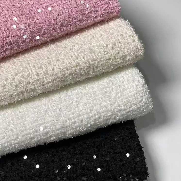 YX1419 2026 New 60% Polyester 15% Wool Sequin Pink Tweed Fabric for Women's Dress and Clothing