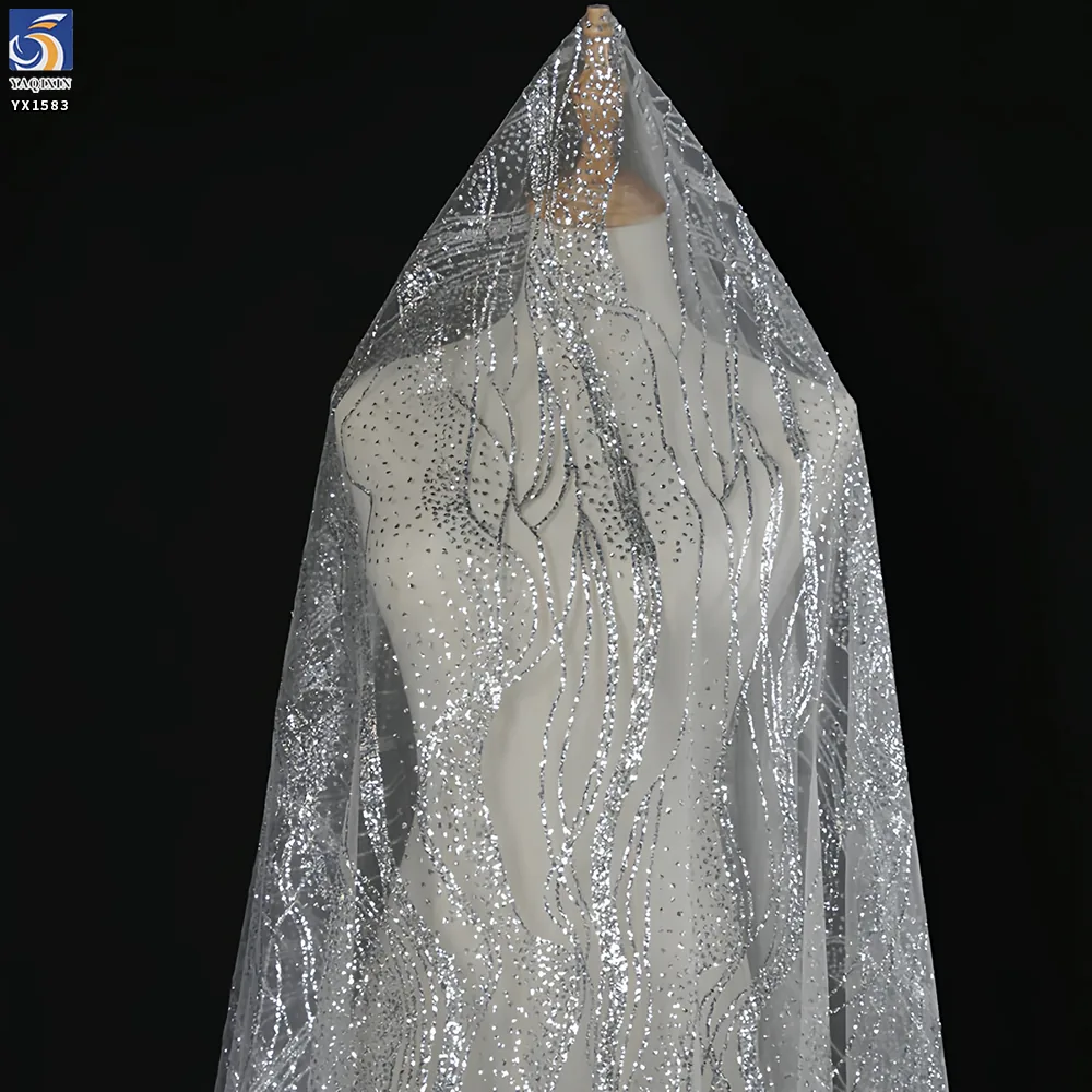 YX1583 Silver Wave Pattern 100% Polyester Glitter Tulle Fabric Shiny Mesh for Wedding Dress Couture and Party Gowns