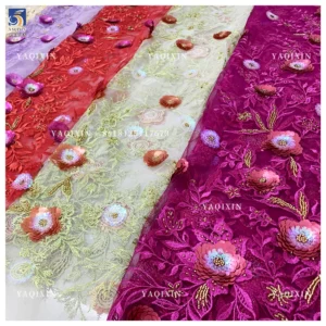 YX1305 Chinese Palace Luxury Style 3D Flower Sequin Colored Lace Mesh Fabric Textile Elegant Embroidered Tulle and Lace Fabric
