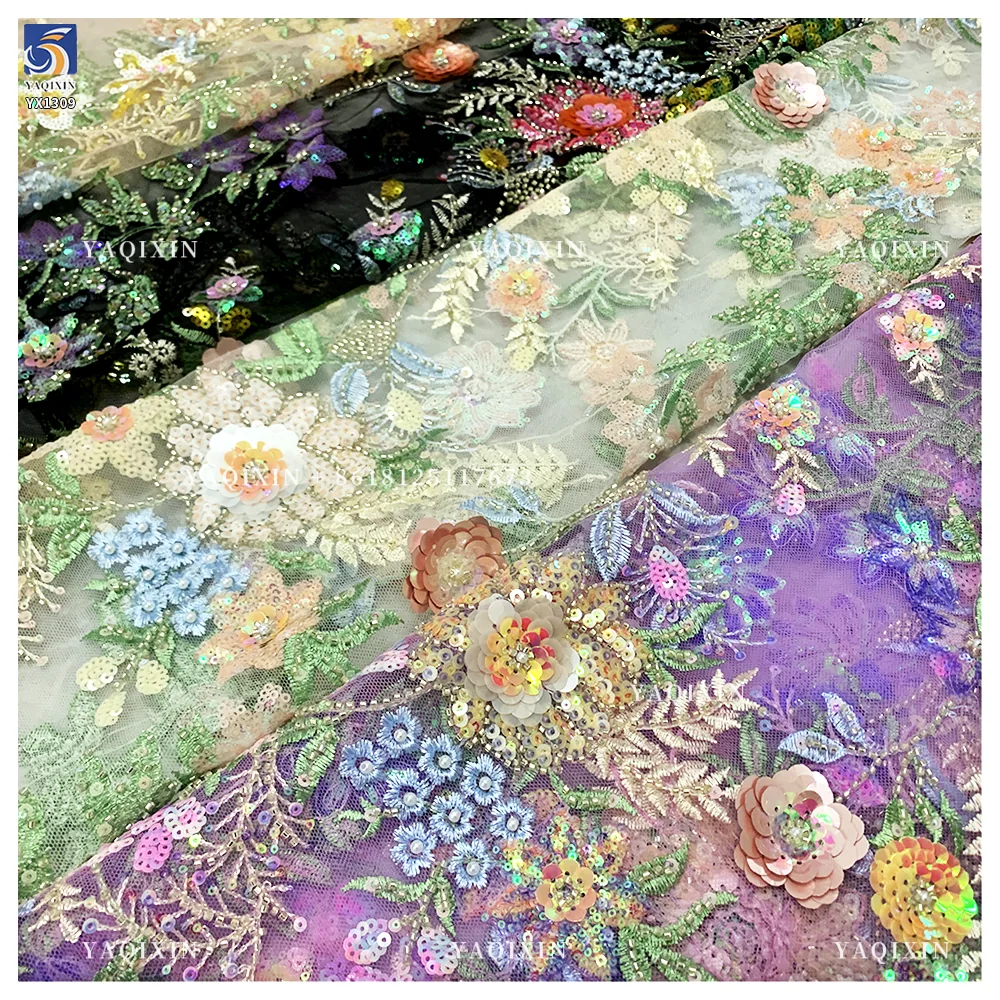 YX1309 Top Sales Forest Pattern 3D Floral Embroidered Mesh Fabric for Women's Skirts DIY Handmade Pearls Sequin Flowers Fabric