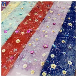 YX1225 New 3D Floral Embroidered Lace Tulle Fabric Competitive Prices Popular 2026 Embroidered Fabric With Colorful Sequins