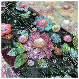 YX1310 Expensive High Quality Glitter 3D Flowers Sequin Embroidered Lace Fabric Custom Summer Costumes Sequin Lace Fabric