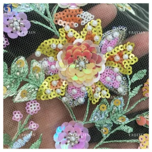 YX1313 Popular Trends Embroidery Fabric 5 Yards Heavy Embroidery Pearl Sequin Flowers Tulle Lace Fabric for Girls Skirts