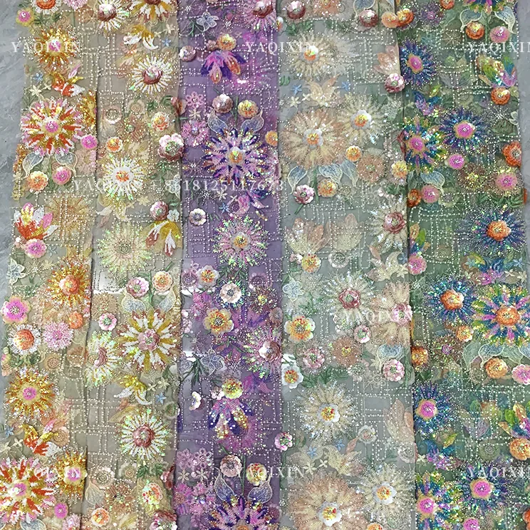 YX1315 Chinese Suppliers Summer-Style Sunflower Design Colorful Sequin Embroidered Mesh Lace Fabric for Women's Clothing
