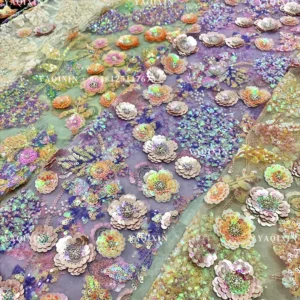 YX1316 Latest 3D Five-Pointed Star Flower Sequin Embroidery Mesh Tulle Fabric Florals Pattern Beaded Sequin Mesh Lace Fabric