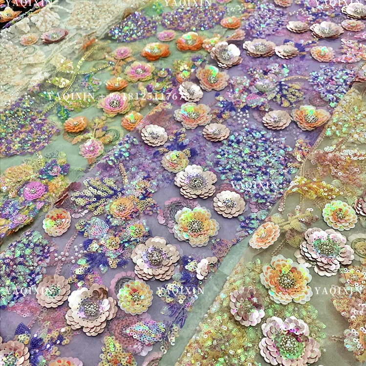 YX1316 Latest 3D Five-Pointed Star Flower Sequin Embroidery Mesh Tulle Fabric Florals Pattern Beaded Sequin Mesh Lace Fabric