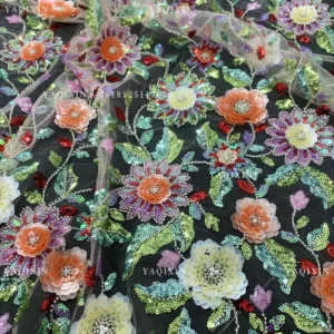 YX1318 Green Colorful Flowers Sequins Heavy Embroidery Mesh Lace Fabric Textiles Lace Fabric Hawaiian Summer Style Lace Dress