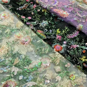 YX1317 Popular Trends and Styles in 2026 Green Sequins Embroidered Mesh Lace Fabrics for Traditional Chinese Women Lace Dress