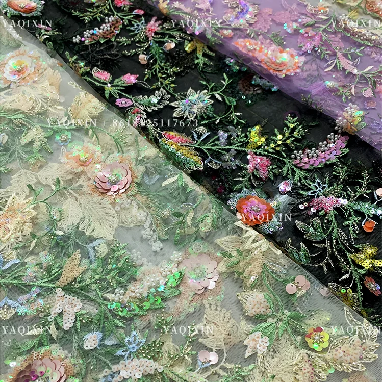 YX1317 Popular Trends and Styles in 2026 Green Sequins Embroidered Mesh Lace Fabrics for Traditional Chinese Women Lace Dress