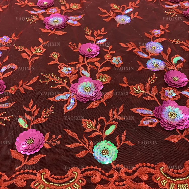 YX1223 Burgundy French Embroidered Lace Textile Fabric 3D Floral Embroidered Tulle Lace Fabric With Competitive Prices