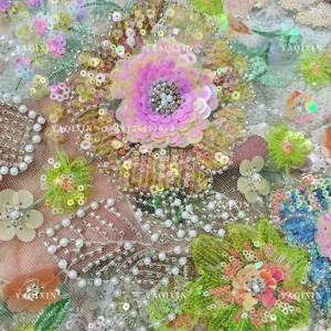 YX1322 High-Quality Custom Sequin Glitter Lace Fabric With Pearls Parisian French Fashion Clothing Lace Fabric