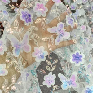 YX808 Butterfly Floral 3D Embroidery Knitted Mesh Fabric With Small Sequins Shiny Girl's Princess Dress Tulle Fabric