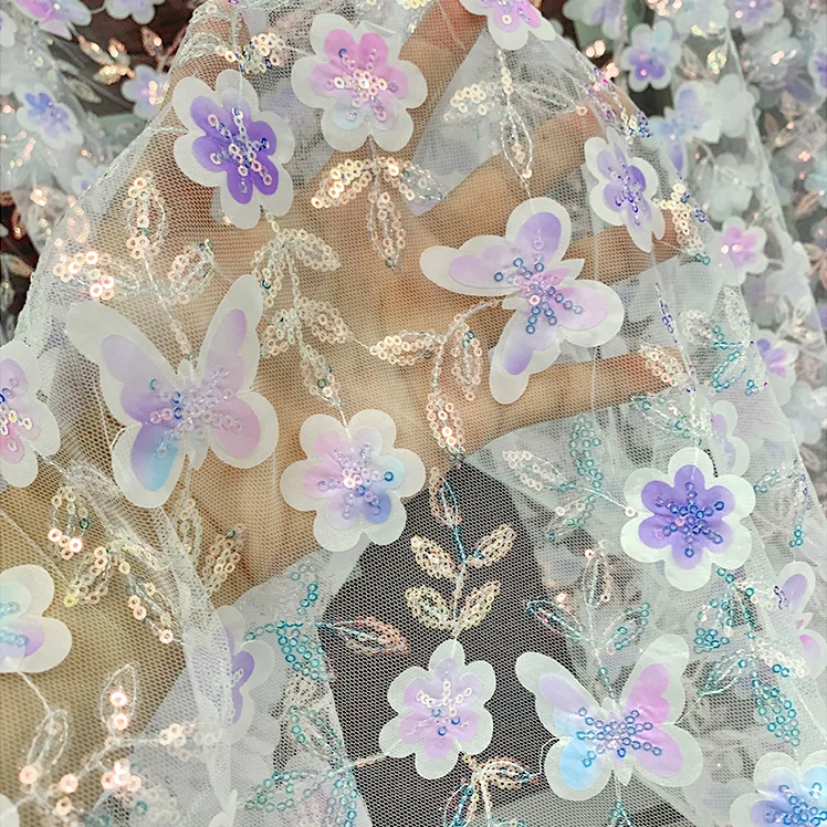 YX808 Butterfly Floral 3D Embroidery Knitted Mesh Fabric With Small Sequins Shiny Girl's Princess Dress Tulle Fabric