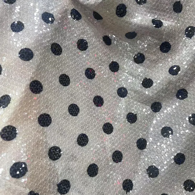 YX1429 250gsm Hot Sale 5mm Transparent Sequin Polka Dot Print Stretch Dress Fabric 140cm Sparkle for Womens Party Dress