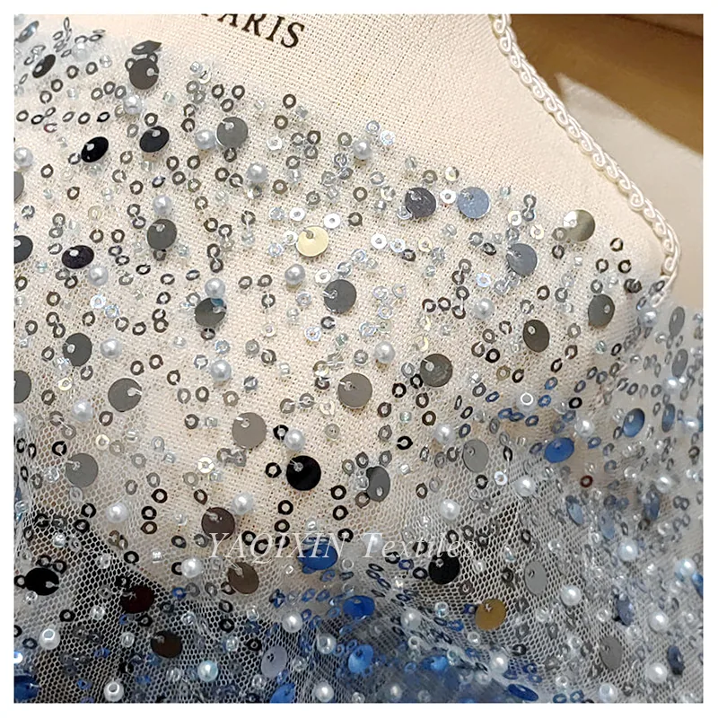 Hot Sale Diamond Crystal White Glitter 3D Beaded Lace Fabric Shiny Sequin Lace Fabric for Wedding Dress