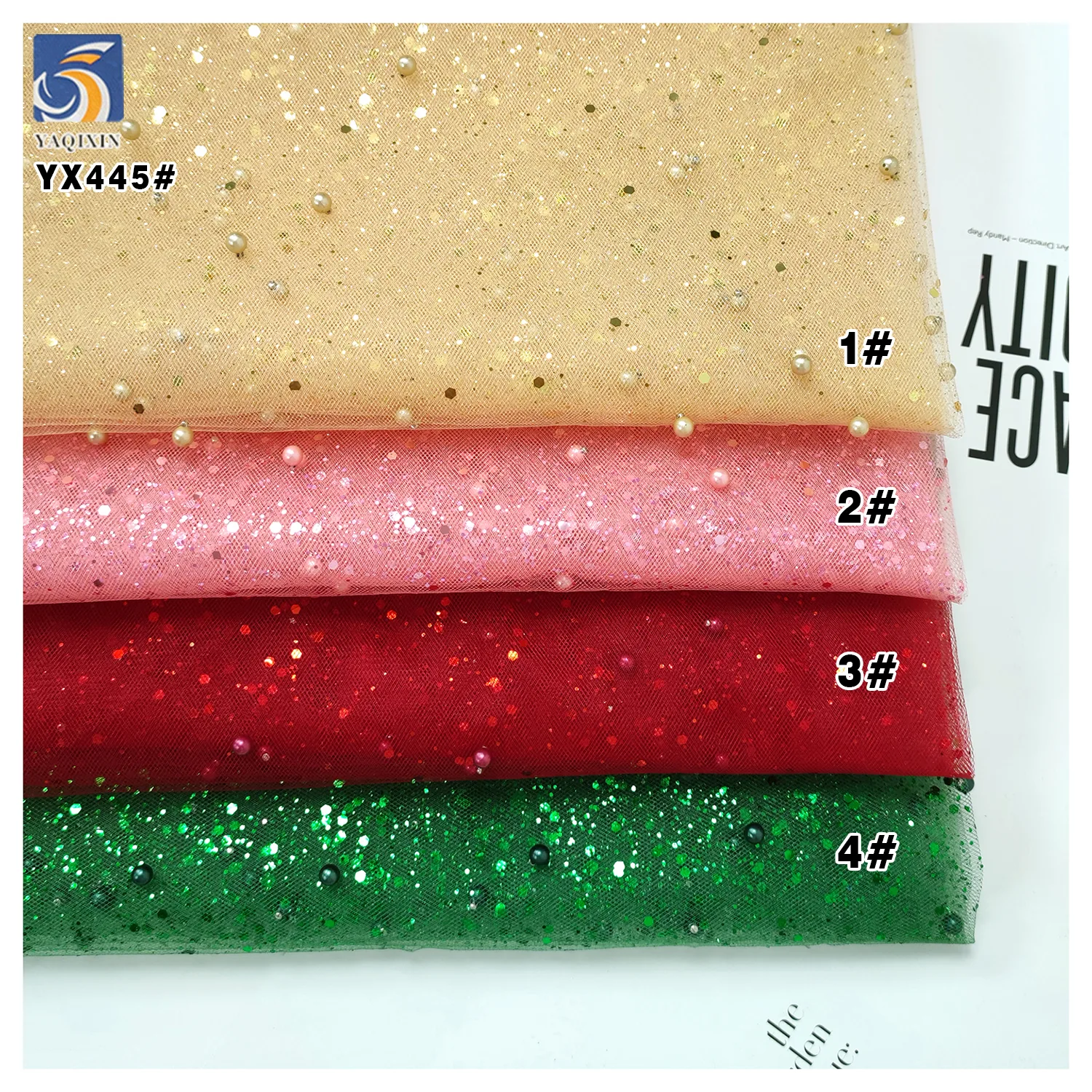 YX445 American Custom Polyester Mesh Fabric Hard Tulle With 3D Pearls and Sequins for Headdress Dress Fabric